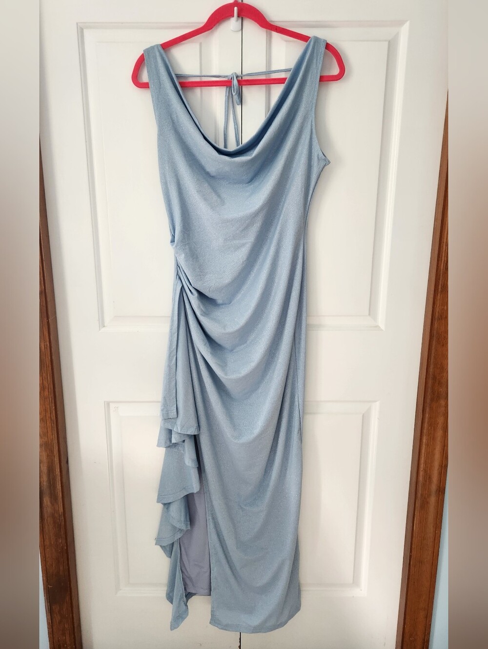 Cider Light Blue Sparkle Cowl Neck Draped Evening Dress Large